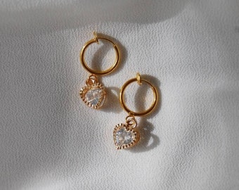 Clip on earrings, Gold crystal heart huggie earrings, hypoallergenic, diamond heart earrings, dainty gold huggie earrings, trendy earrings