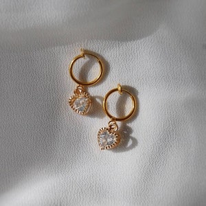 Clip on earrings, Gold crystal heart huggie earrings, hypoallergenic, diamond heart earrings, dainty gold huggie earrings, trendy earrings
