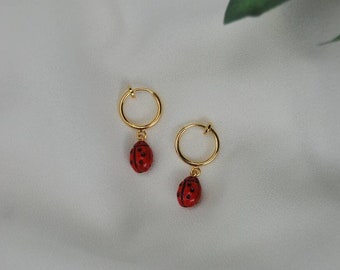 Clip on earrings, Ladybug huggie earrings, hypoallergenic, ladybug dangle earrings, charm huggie earrings, trendy summer earrings, hoops