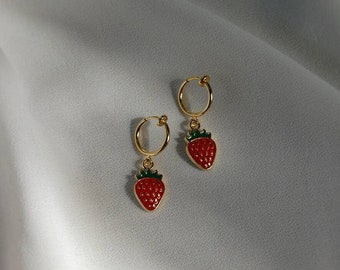 Clip on earrings, Strawberry huggie earrings, hypoallergenic, strawberry charm earrings, fruit charm earrings, trendy summer earrings, gold