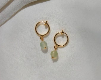 Clip on earrings, Green stone earrings, dainty dangle earrings, hypoallergenic, nickel free, bead huggie earrings, stone dangle earrings