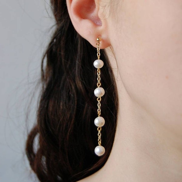 Clip on earrings, Freshwater pearl dangle earrings, pearl chain earrings, tiered pearl earrings, bridal earring, hypoallergenic, nickel free