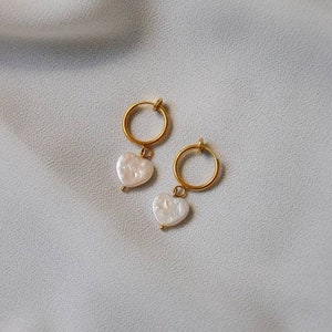 Clip on earrings, Freshwater pearl heart huggie earrings, hypoallergenic, heart huggies, natural pearl dangle earrings, dainty, cottagecore