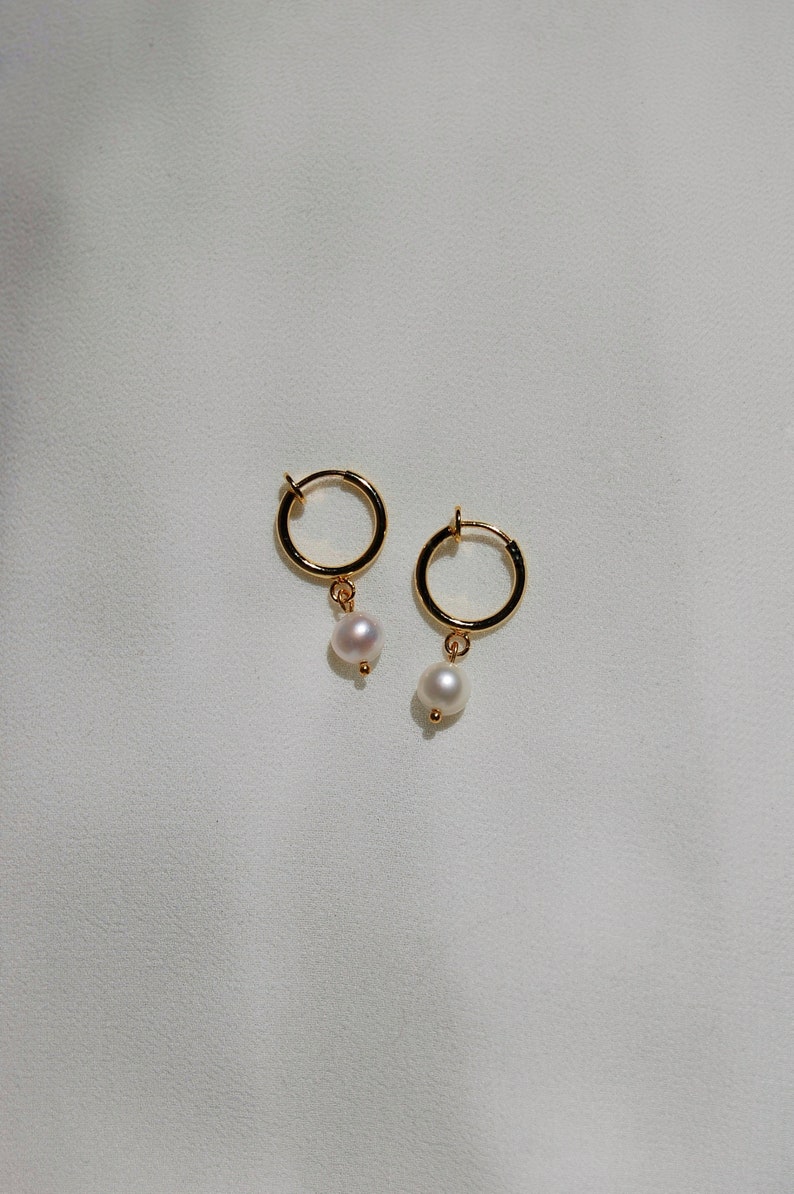 Clip on earrings, Freshwater pearl huggie earrings, hypoallergenic, nickel free, pearl dangle earrings, dainty pearl earrings, trendy huggie image 5