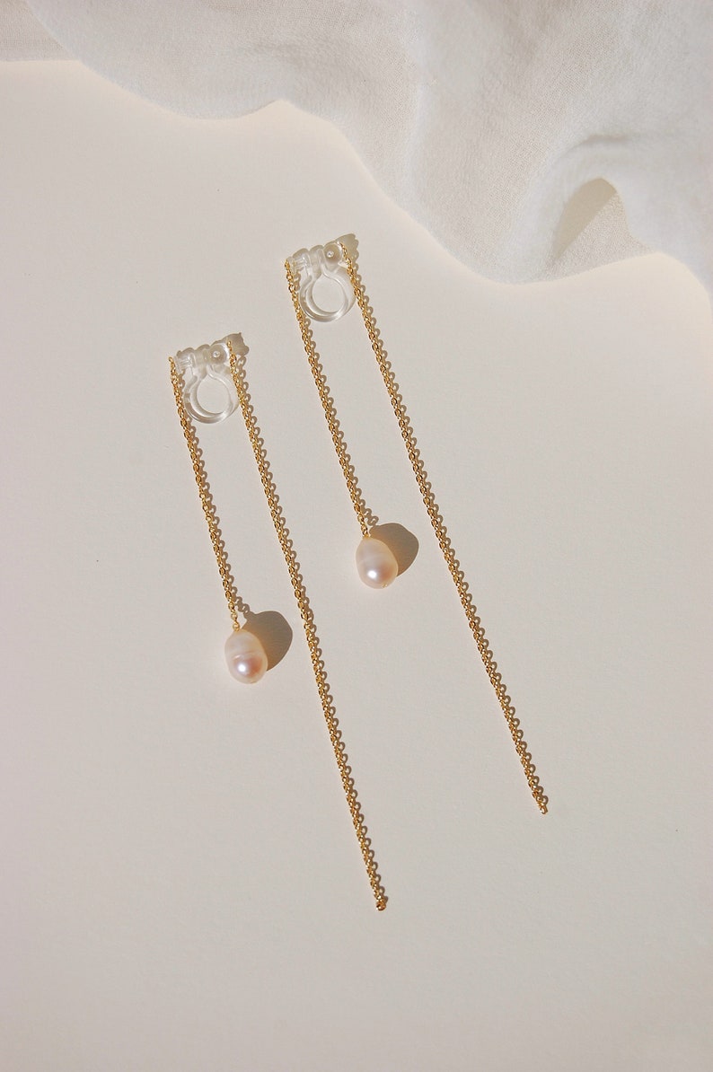 Invisible clip on earrings, pearl threader earrings, pearl chain earrings, pearl drop earrings, dainty earrings, hypoallergenic, nickel free image 4