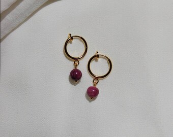 Clip on earrings, Purple stone earrings, dainty dangle earrings, hypoallergenic, nickel free, bead huggie earrings, stone dangle earrings