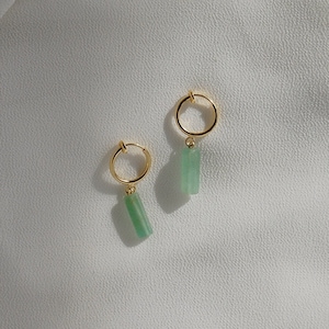Clip on earrings, Emerald charm earrings, hypoallergenic, aventurine earrings, rectangle charm earrings, dainty huggie earrings,  trendy
