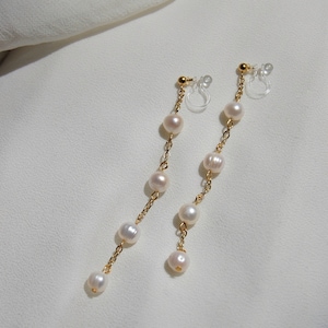 Clip on earrings, Freshwater pearl dangle earrings, pearl chain earrings, tiered pearl earrings, bridal earring, hypoallergenic, nickel free image 3