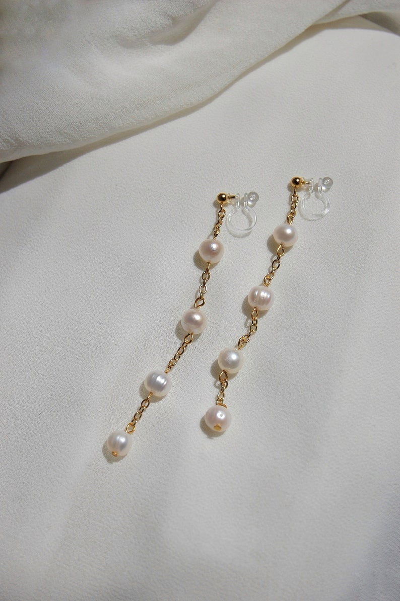 Clip on earrings, Freshwater pearl dangle earrings, pearl chain earrings, tiered pearl earrings, bridal earring, hypoallergenic, nickel free image 3