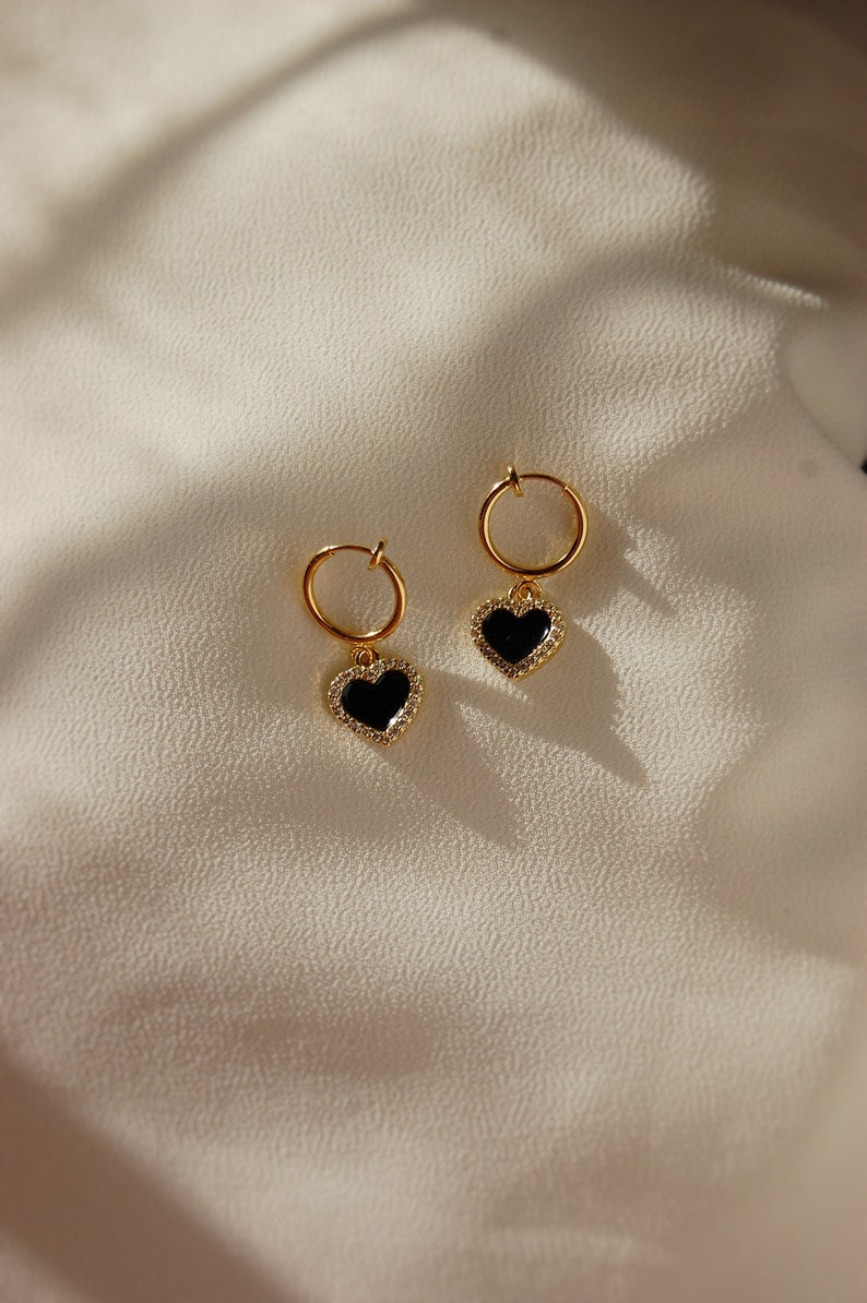 Clip on earrings, Black heart dangle earrings, hypoallergenic, nickel free, heart huggie earrings, heart charm earrings, crystal heart, gold image 5