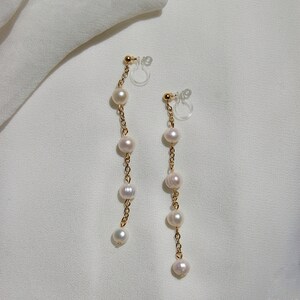 Clip on earrings, Freshwater pearl dangle earrings, pearl chain earrings, tiered pearl earrings, bridal earring, hypoallergenic, nickel free image 5