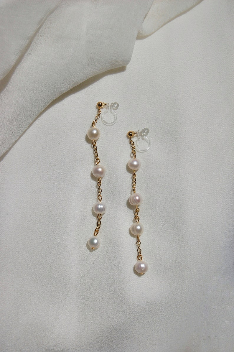 Clip on earrings, Freshwater pearl dangle earrings, pearl chain earrings, tiered pearl earrings, bridal earring, hypoallergenic, nickel free image 5