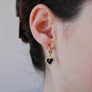 Clip on earrings, Black heart dangle earrings, hypoallergenic, nickel free, heart huggie earrings, heart charm earrings, crystal heart, gold image 2