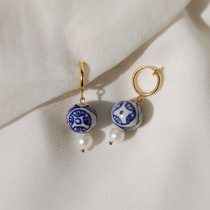 Clip on earrings, porcelain and pearl earrings, porcelain hoop earrings, blue and pearl earrings, pearl huggies, hypoallergenic, nickel free image 6