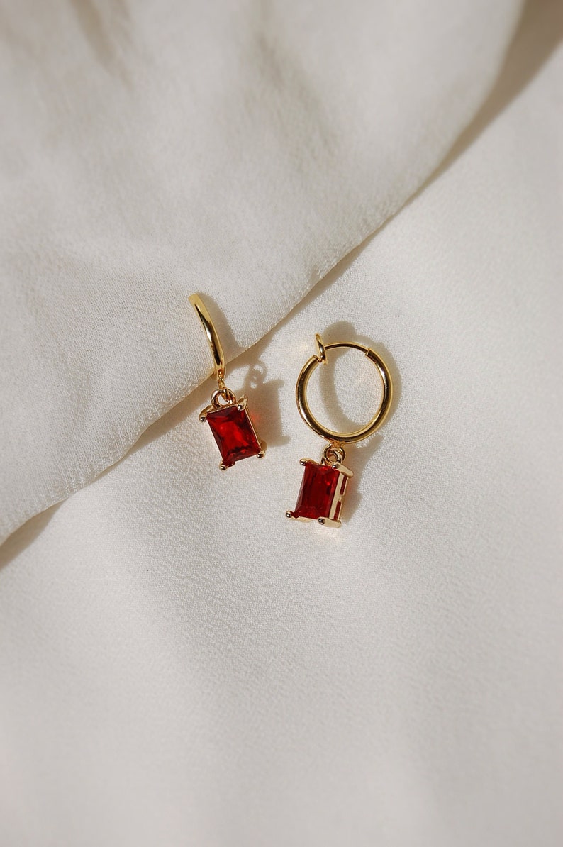 Clip on hoop earrings, ruby huggie earrings, red huggie earrings, huggie charm earrings, dainty dangle earrings, hypoallergenic, nickel free image 2