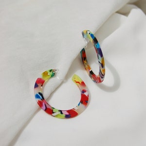 Clip on hoop earrings, colorful hoops, multicolor hoops, acrylic hoops, tortoise shell hoops, summer hoops, nickel free hoop, hypoallergenic image 3