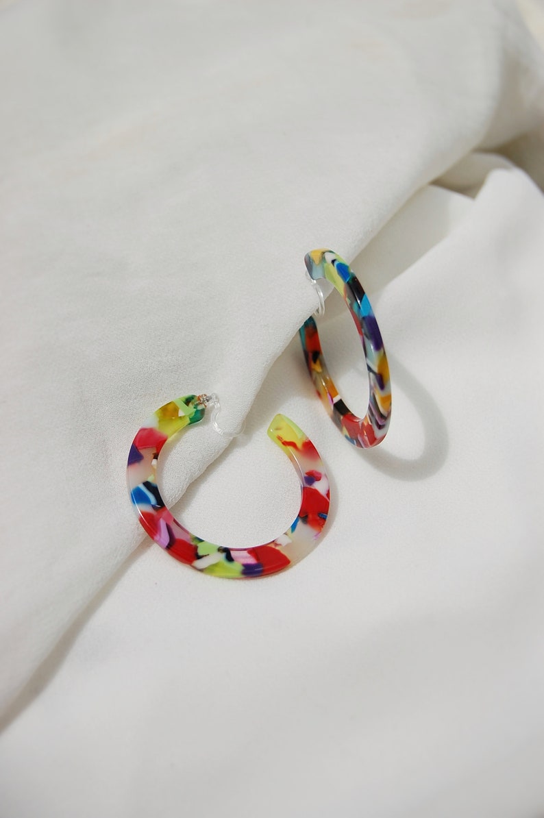 Clip on hoop earrings, colorful hoops, multicolor hoops, acrylic hoops, tortoise shell hoops, summer hoops, nickel free hoop, hypoallergenic image 3