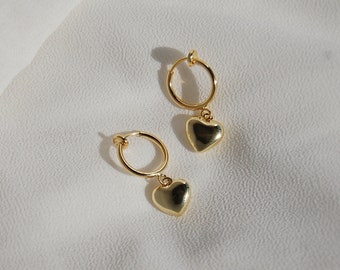 Clip on earrings, Gold heart huggie earrings, hypoallergenic, nickel free, puffy heart earrings, heart dangle earrings, dainty heart earring