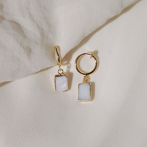 Clip on earrings, Gold pearl huggie earrings, hypoallergenic, pearl dangle earrings, dainty pearl earrings, rectangle pearl earrings, trendy