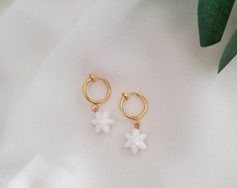 Clip on earrings, Flower charm hoop earrings, hypoallergenic, flower huggie hoops, white flower earrings, cute charm earrings, spring