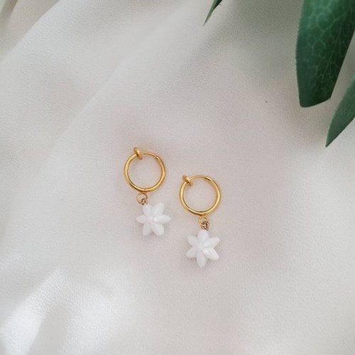 Flower Charm Hoop Earrings Hypoallergenic Clip on Earrings Etsy
