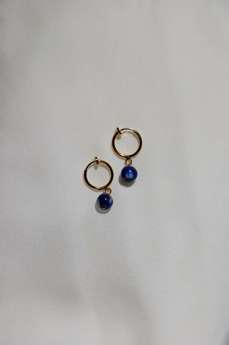 Clip on earrings, Blue bead earrings, dainty dangle earrings, hypoallergenic, nickel free, bead huggie earrings, stone dangle earrings, boho image 5