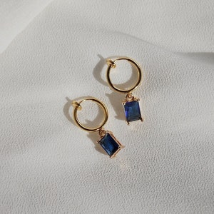 Clip on earrings, Sapphire huggie hoop earrings, hypoallergenic, blue huggie earrings, huggie charm earrings, dainty dangle earrings, gold