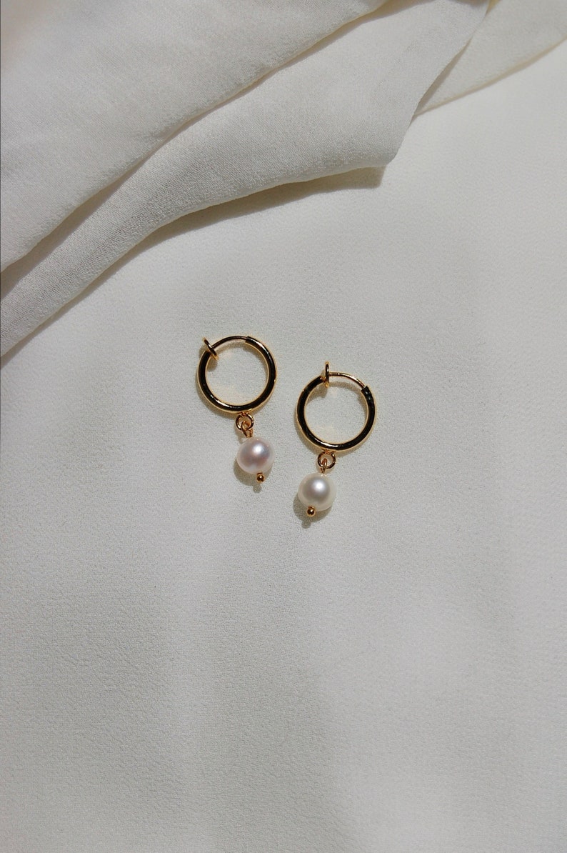 Clip on earrings, Freshwater pearl huggie earrings, hypoallergenic, nickel free, pearl dangle earrings, dainty pearl earrings, trendy huggie image 2