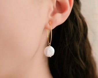 Invisible clip on earrings, coin pearl earrings, large pearl hoop earrings, pearl charm hoop earrings, pearl drop hoops, nickel free