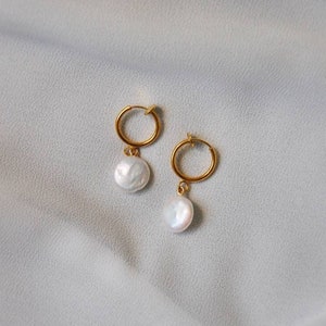 Clip on pearl huggie earrings, coin pearl drop hoop earrings, dainty freshwater pearl dangle earrings, hypoallergenic, nickel free, gift