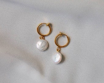 Clip on pearl huggie earrings, coin pearl drop hoop earrings, dainty freshwater pearl dangle earrings, hypoallergenic, nickel free, gift