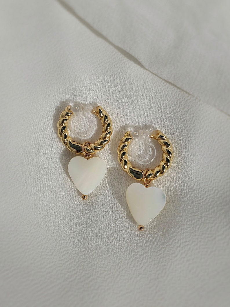 Clip on earrings, shell heart earrings, heart huggie earrings, mother of pearl huggies, dainty dangle earrings, nickel free, hypoallergenic image 5