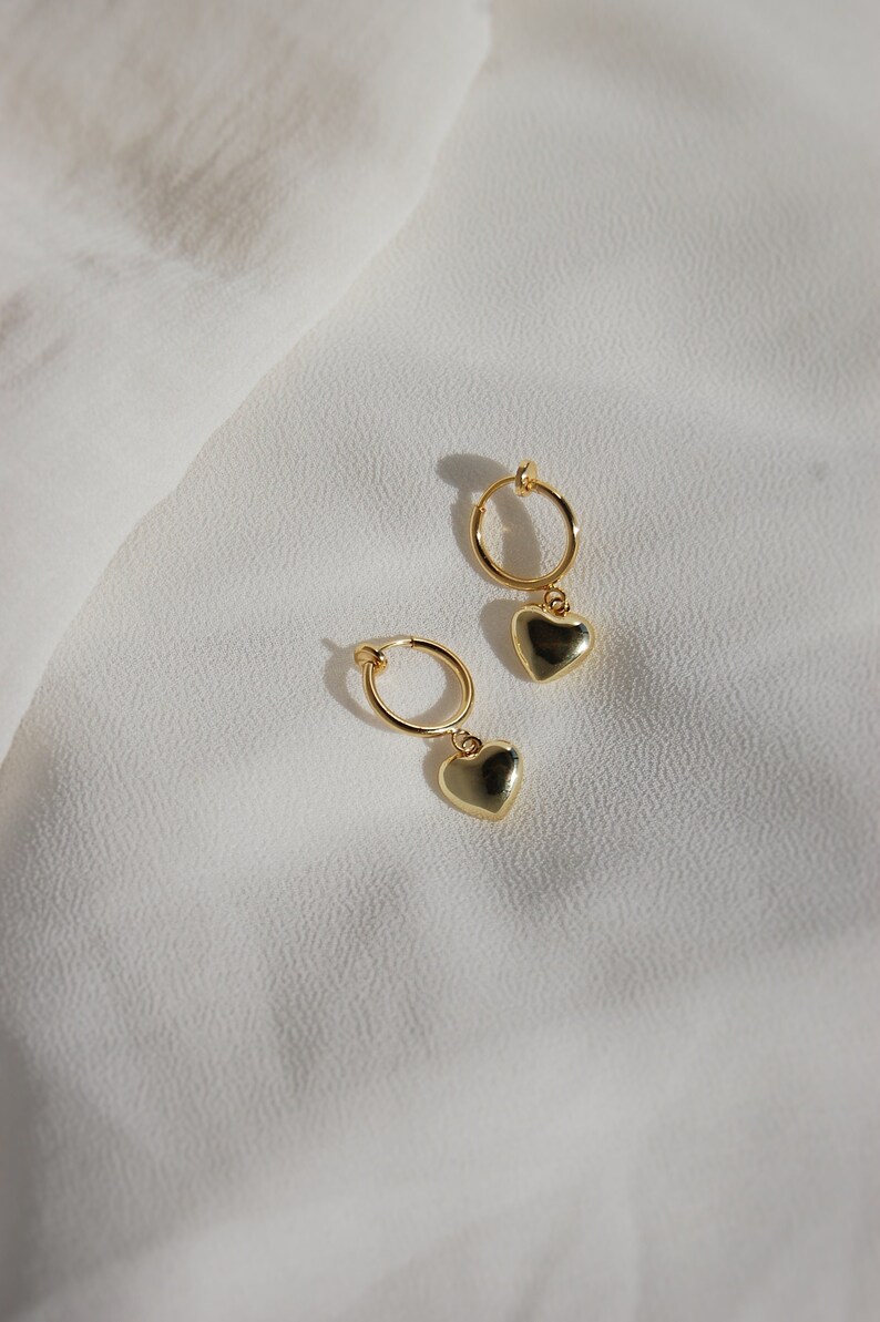 Clip on earrings, Gold heart huggie earrings, hypoallergenic, nickel free, puffy heart earrings, heart dangle earrings, dainty heart earring image 1