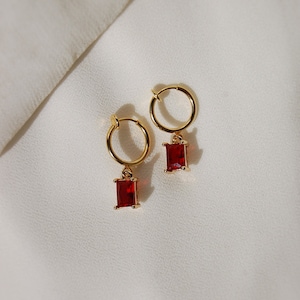 Clip on hoop earrings, ruby huggie earrings, red huggie earrings, huggie charm earrings, dainty dangle earrings, hypoallergenic, nickel free image 5