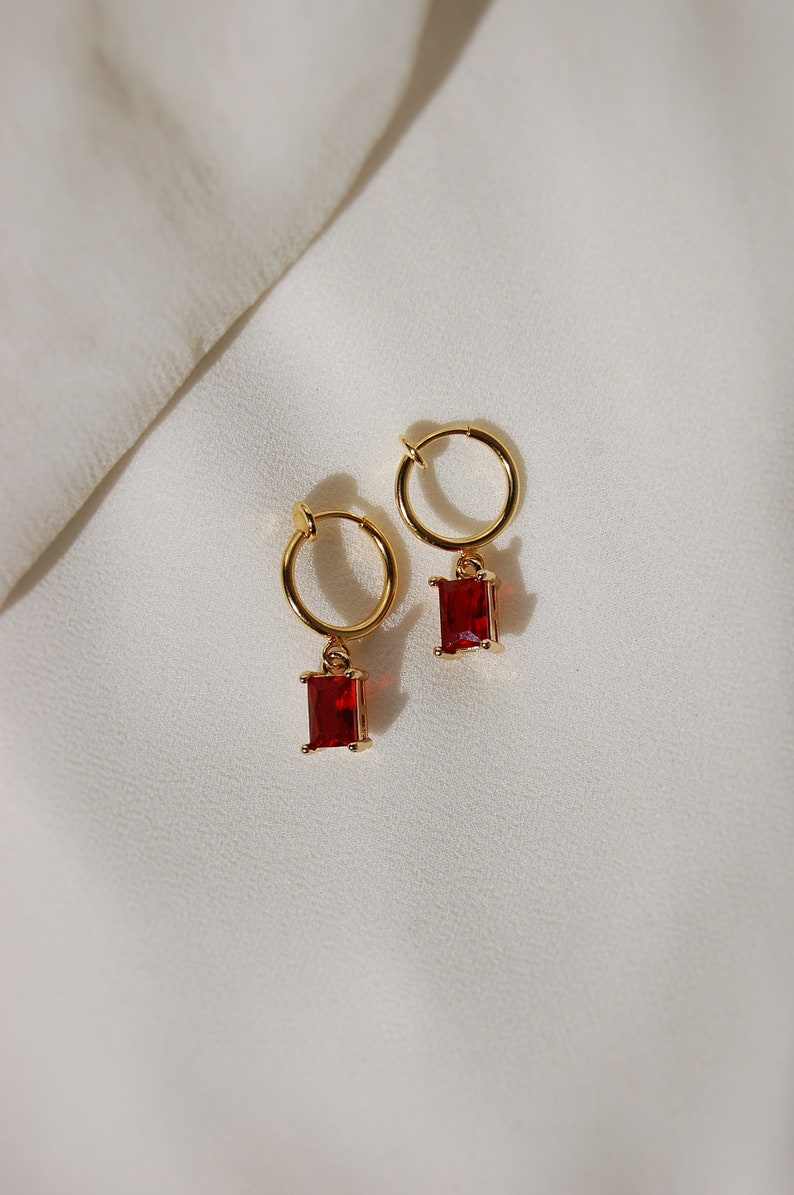 Clip on hoop earrings, ruby huggie earrings, red huggie earrings, huggie charm earrings, dainty dangle earrings, hypoallergenic, nickel free image 5