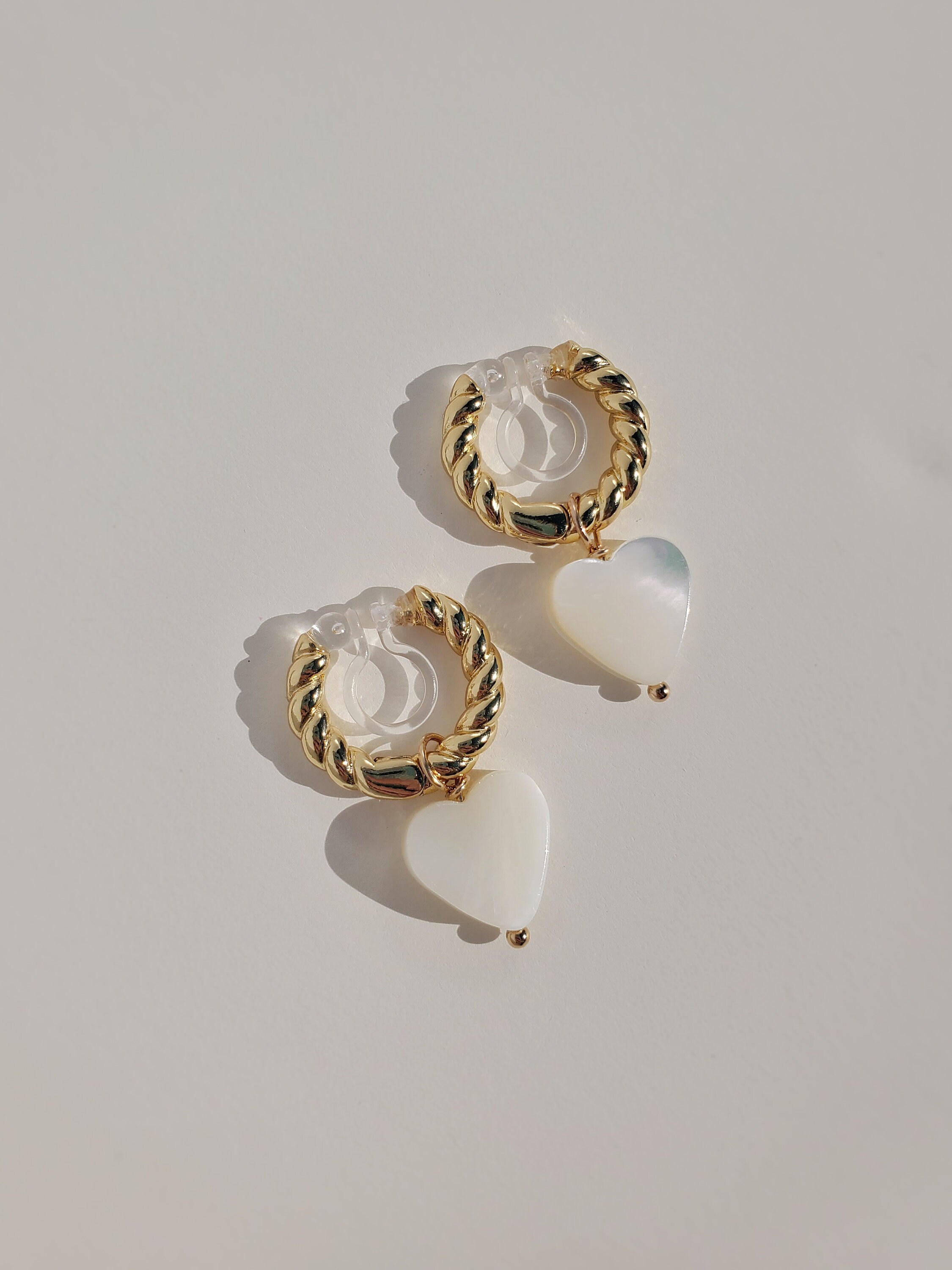 Heart Pearl Clip on Earrings, Mother of Pearl Hoop Earrings