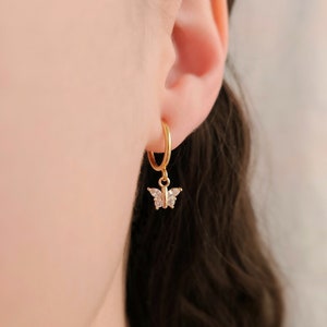 Clip on earrings, Butterfly huggie earrings, hypoallergenic, cubic zirconia dangle earring, diamond butterfly earring, dainty charm earrings