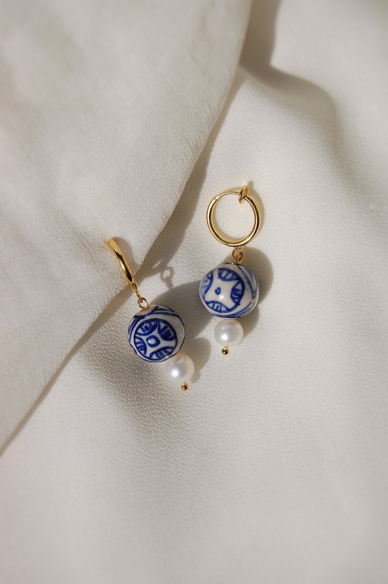 Clip on earrings, porcelain and pearl earrings, porcelain hoop earrings, blue and pearl earrings, pearl huggies, hypoallergenic, nickel free image 1