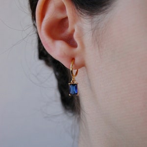 Clip on earrings, Sapphire huggie hoop earrings, hypoallergenic, blue huggie earrings, huggie charm earrings, dainty dangle earrings, gold image 2