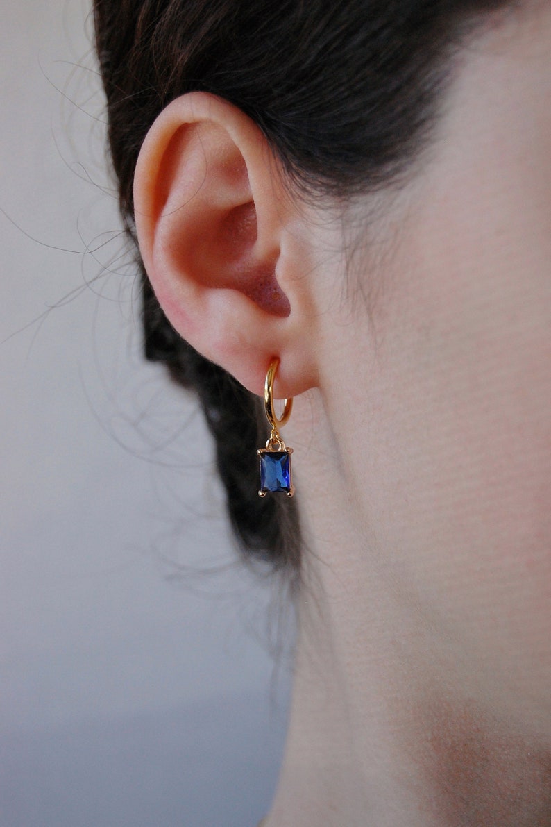 Clip on earrings, Sapphire huggie hoop earrings, hypoallergenic, blue huggie earrings, huggie charm earrings, dainty dangle earrings, gold image 2