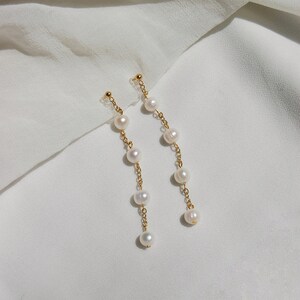 Clip on earrings, Freshwater pearl dangle earrings, pearl chain earrings, tiered pearl earrings, bridal earring, hypoallergenic, nickel free image 4