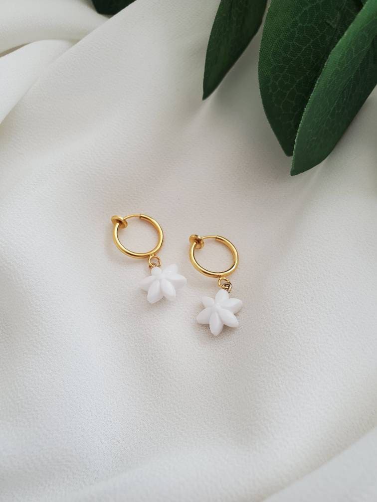 Flower Charm Hoop Earrings Hypoallergenic Clip on Earrings Etsy
