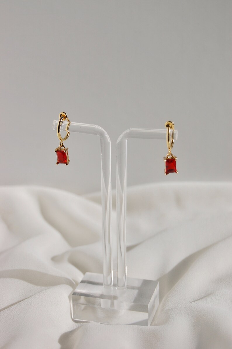 Clip on hoop earrings, ruby huggie earrings, red huggie earrings, huggie charm earrings, dainty dangle earrings, hypoallergenic, nickel free image 2