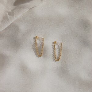 Clip on earrings, Chain loop earrings, hypoallergenic, double sided chain earrings, minimalist chain earrings, chain stud earrings, gold image 3