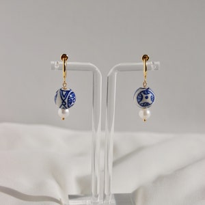 Clip on earrings, porcelain and pearl earrings, porcelain hoop earrings, blue and pearl earrings, pearl huggies, hypoallergenic, nickel free image 2