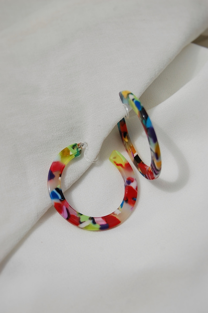 Clip on hoop earrings, colorful hoops, multicolor hoops, acrylic hoops, tortoise shell hoops, summer hoops, nickel free hoop, hypoallergenic image 5