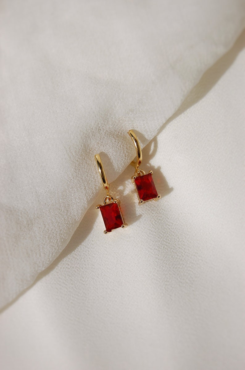 Clip on hoop earrings, ruby huggie earrings, red huggie earrings, huggie charm earrings, dainty dangle earrings, hypoallergenic, nickel free image 3