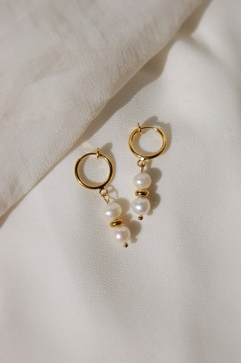 Clip on earrings, freshwater pearl huggie earrings, pearl drop earrings, dainty pearl earrings, pearl dangles, hypoallergenic, nickel free image 5