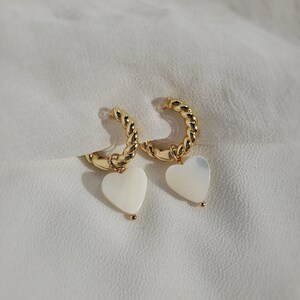 Clip on earrings, shell heart earrings, heart huggie earrings, mother of pearl huggies, dainty dangle earrings, nickel free, hypoallergenic image 4
