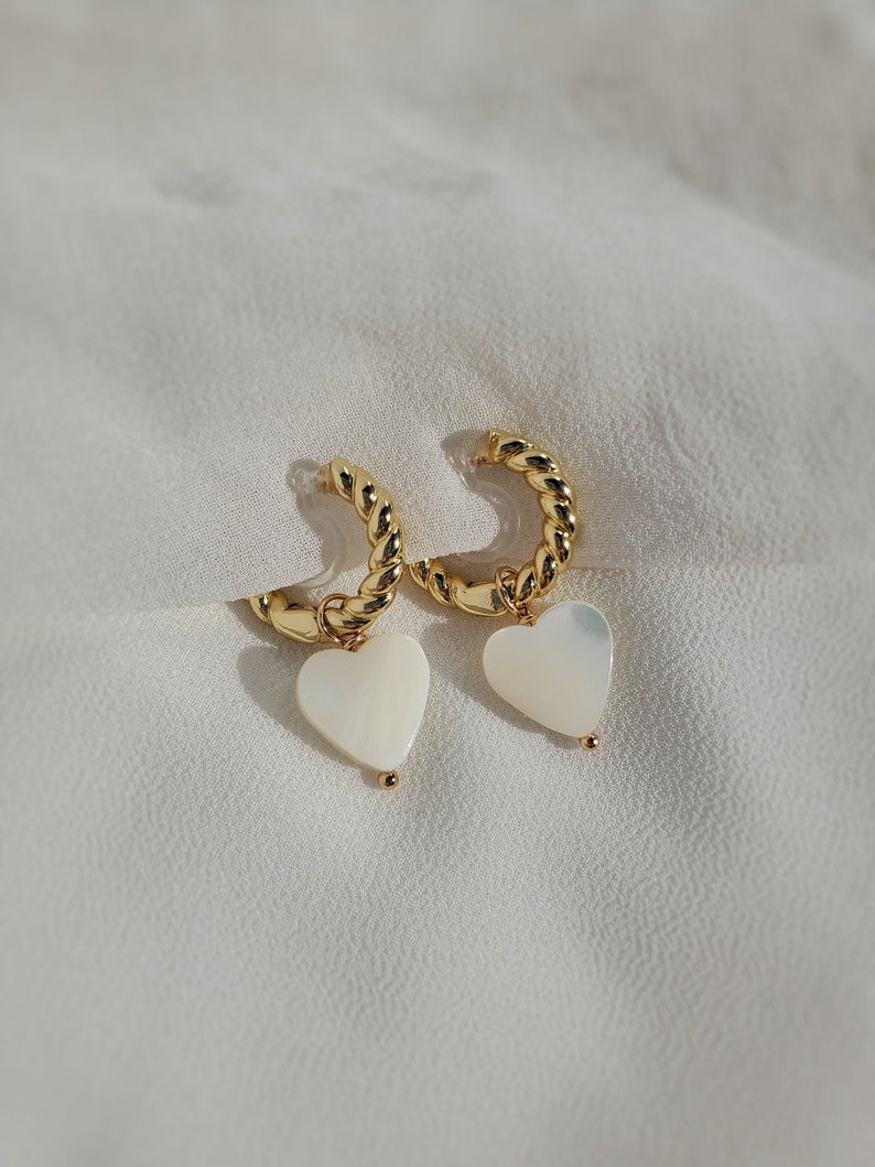 Clip on earrings, shell heart earrings, heart huggie earrings, mother of pearl huggies, dainty dangle earrings, nickel free, hypoallergenic image 4